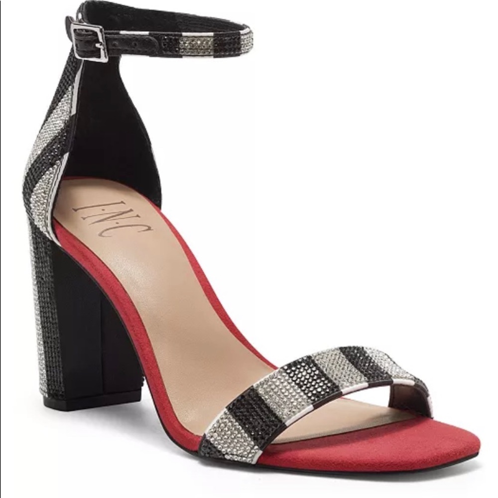 INC silver and black block heels